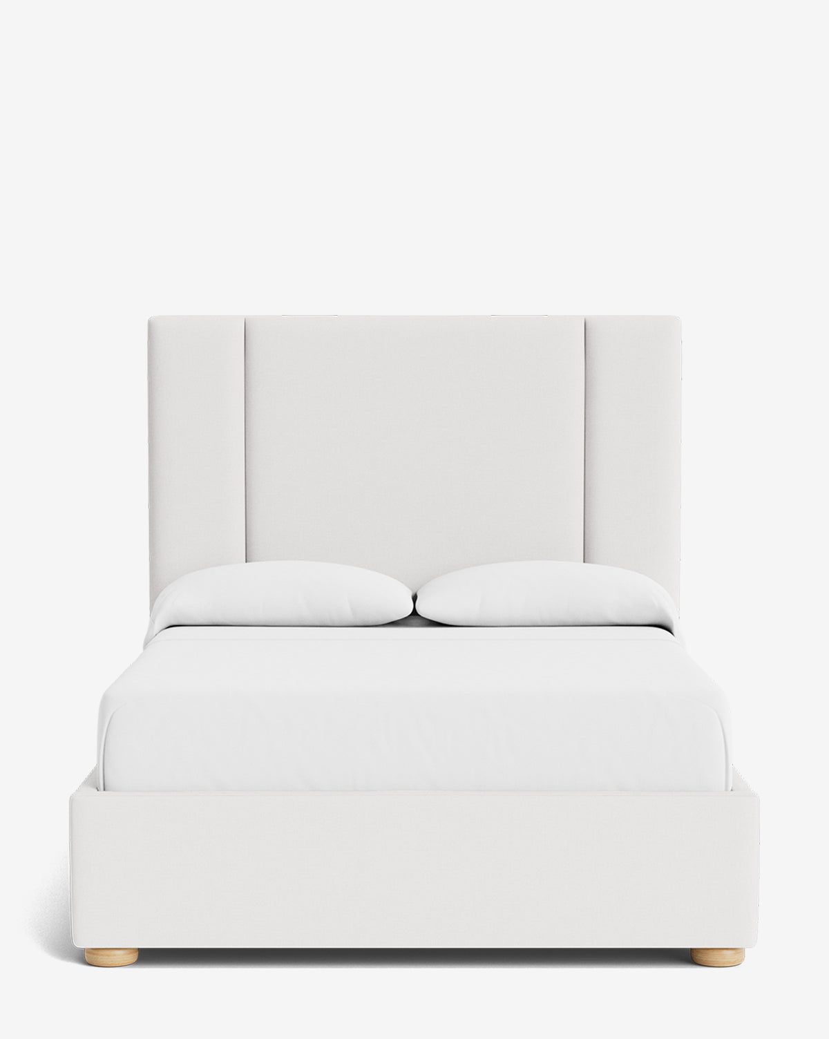 The Mina Bed is a modern, minimalist bed frame upholstered in white high-end fabric, featuring a tall paneled headboard, two pillows, and light wooden legs with a sleek low-profile design by McGee & Co.