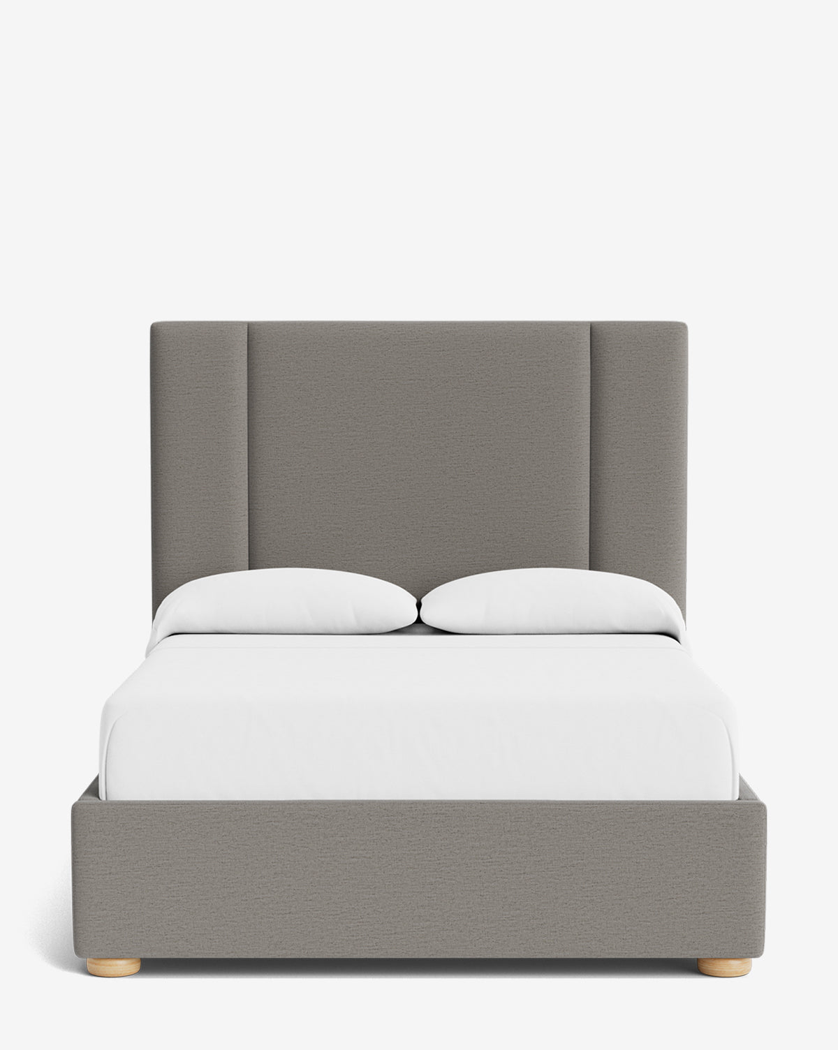 The Mina Bed features a tall, upholstered gray headboard and matching bed frame in premium fabrics, styled with white bedding and two pillows, set against a plain white background, by McGee & Co.