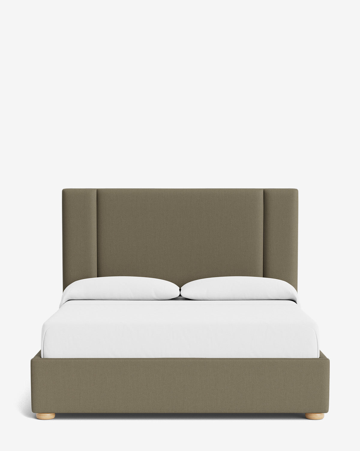 The Mina Bed features an olive-green upholstered frame and headboard in premium fabric, paired with two white pillows and a white bedspread, all set against a plain white background, by McGee & Co.