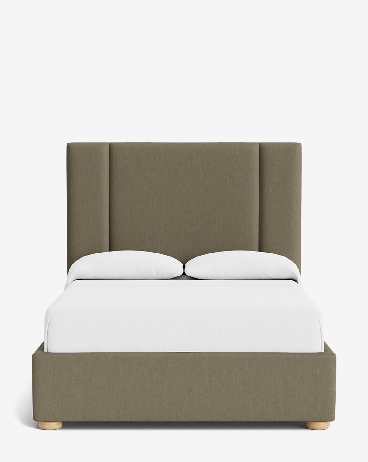 The Mina Bed features a tall, upholstered olive-green headboard, matching frame in high-end fabric, crisp white bedding, and two white pillows, all set against a plain white background by McGee & Co.