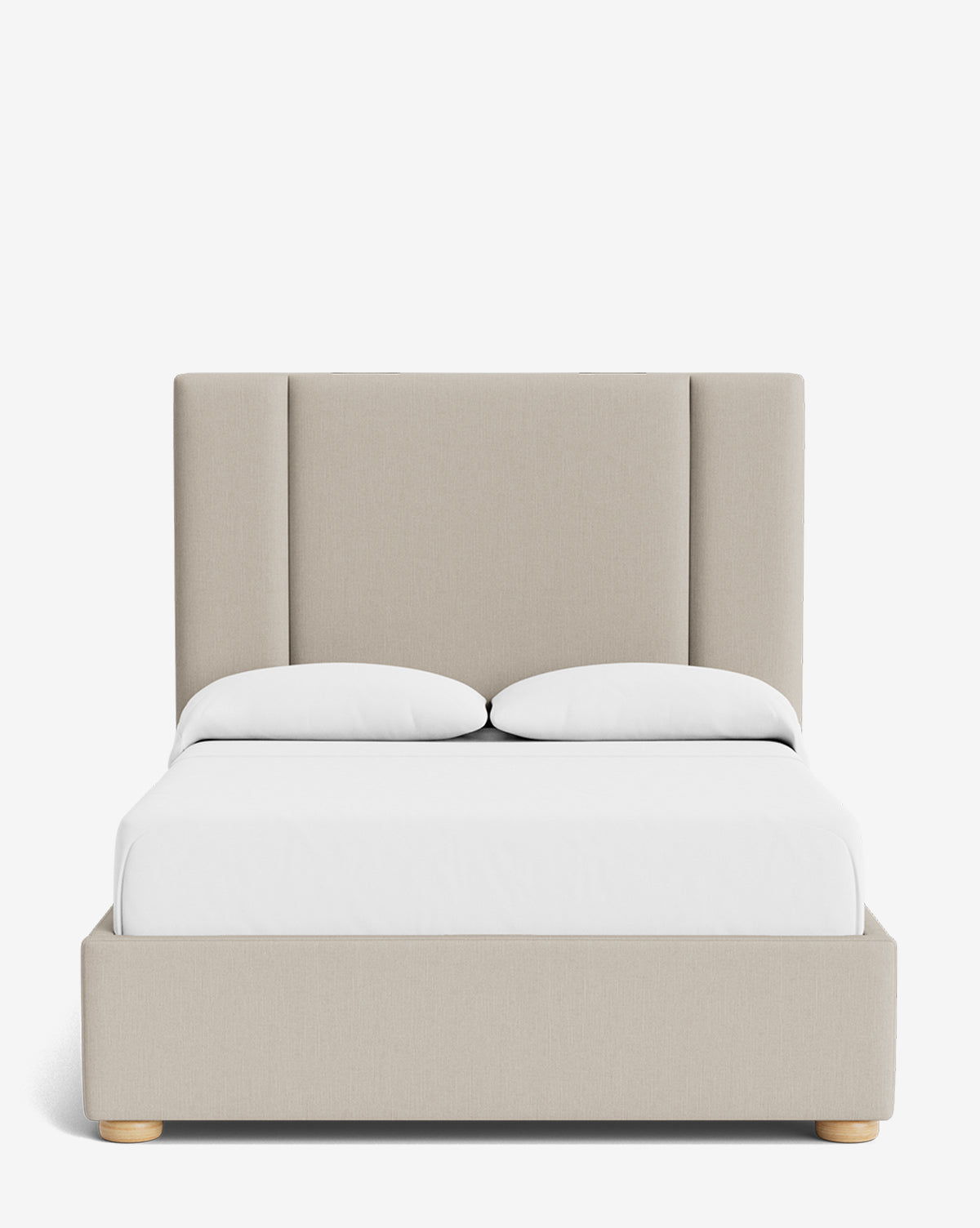 The Mina Bed showcases a beige upholstered frame, tall paneled headboard, white bedding, and two pillows made from premium fabrics, all set against a plain white background by McGee & Co.