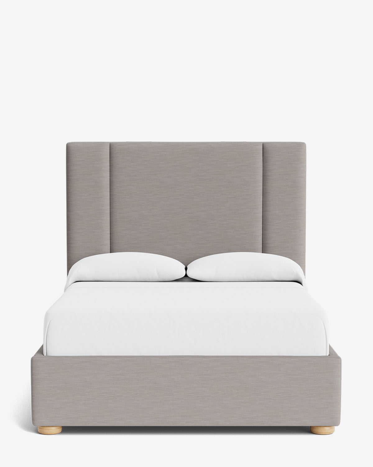 The Mina Bed showcases a tall, upholstered light gray headboard and matching frame, crafted from premium fabrics, complemented by white bedding and two pillows, set against a plain white background, by McGee & Co.