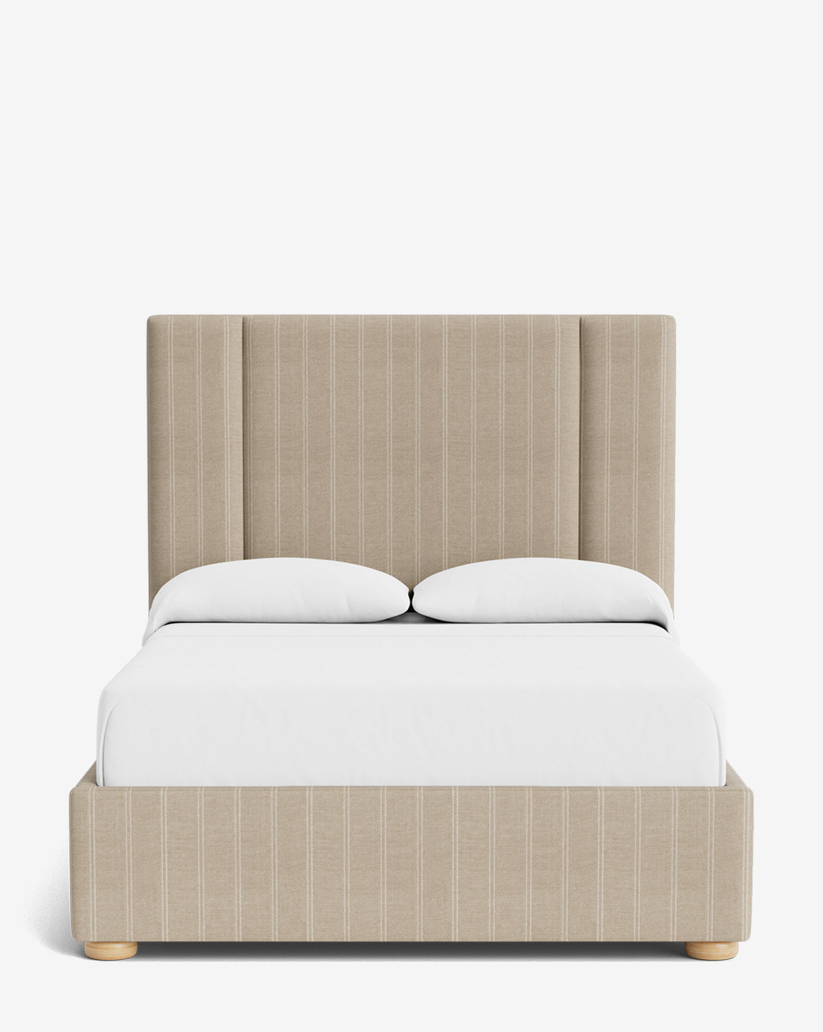 The Mina Bed showcases a beige upholstered frame with vertical pinstripes, a tall high-end fabric headboard, two white pillows, and a white mattress, set against a plain white background, by McGee & Co.