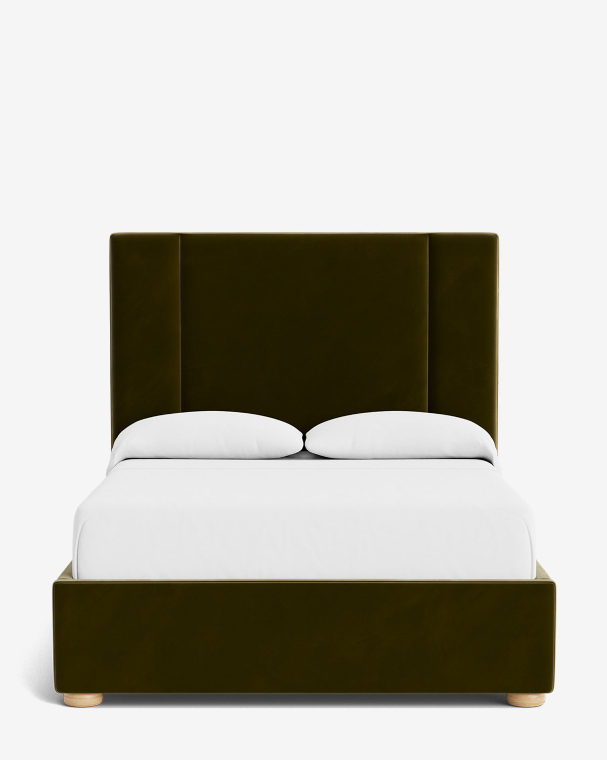 The Mina Bed showcases a modern olive-green upholstered frame made from premium fabric, featuring a tall rectangular headboard. Styled with crisp white bedding and pillows, it stands out against a plain white backdrop by McGee & Co.