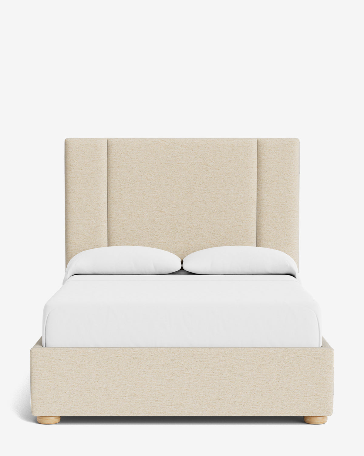The Mina Bed is a beige upholstered frame with premium fabric, a tall padded headboard, and low profile, displayed with white bedding and two pillows on a plain white background, by McGee & Co.