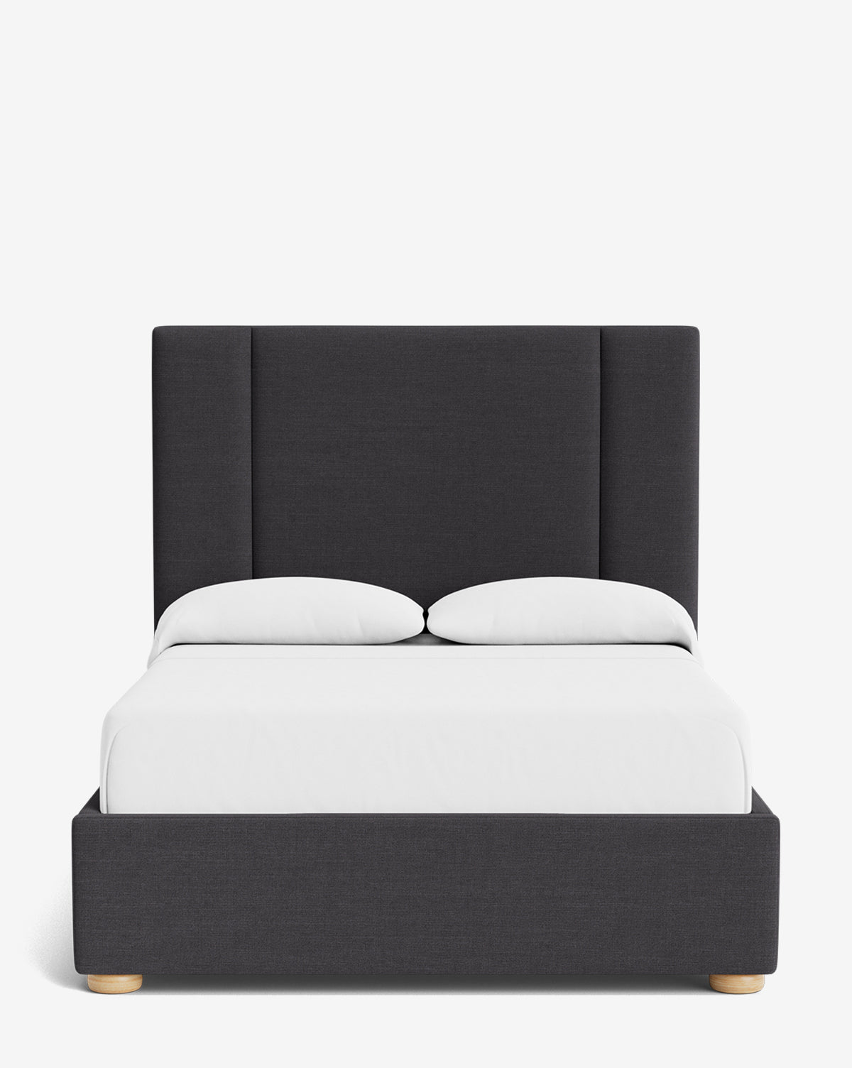 The Mina Bed showcases a tall, dark gray upholstered frame made from premium fabric, complemented by white bedding and two pillows, all set against a plain white background, by McGee & Co.