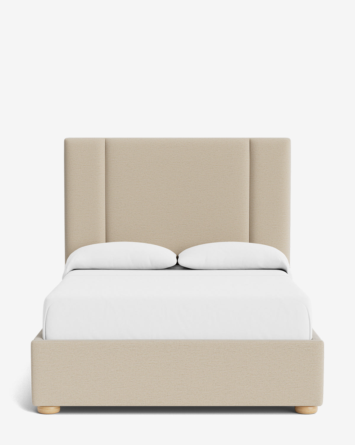 The Mina Bed showcases a modern beige upholstered frame with a tall paneled headboard, crafted from high-end fabrics. Styled with white pillows and a mattress, it is set against a plain white background by McGee & Co.