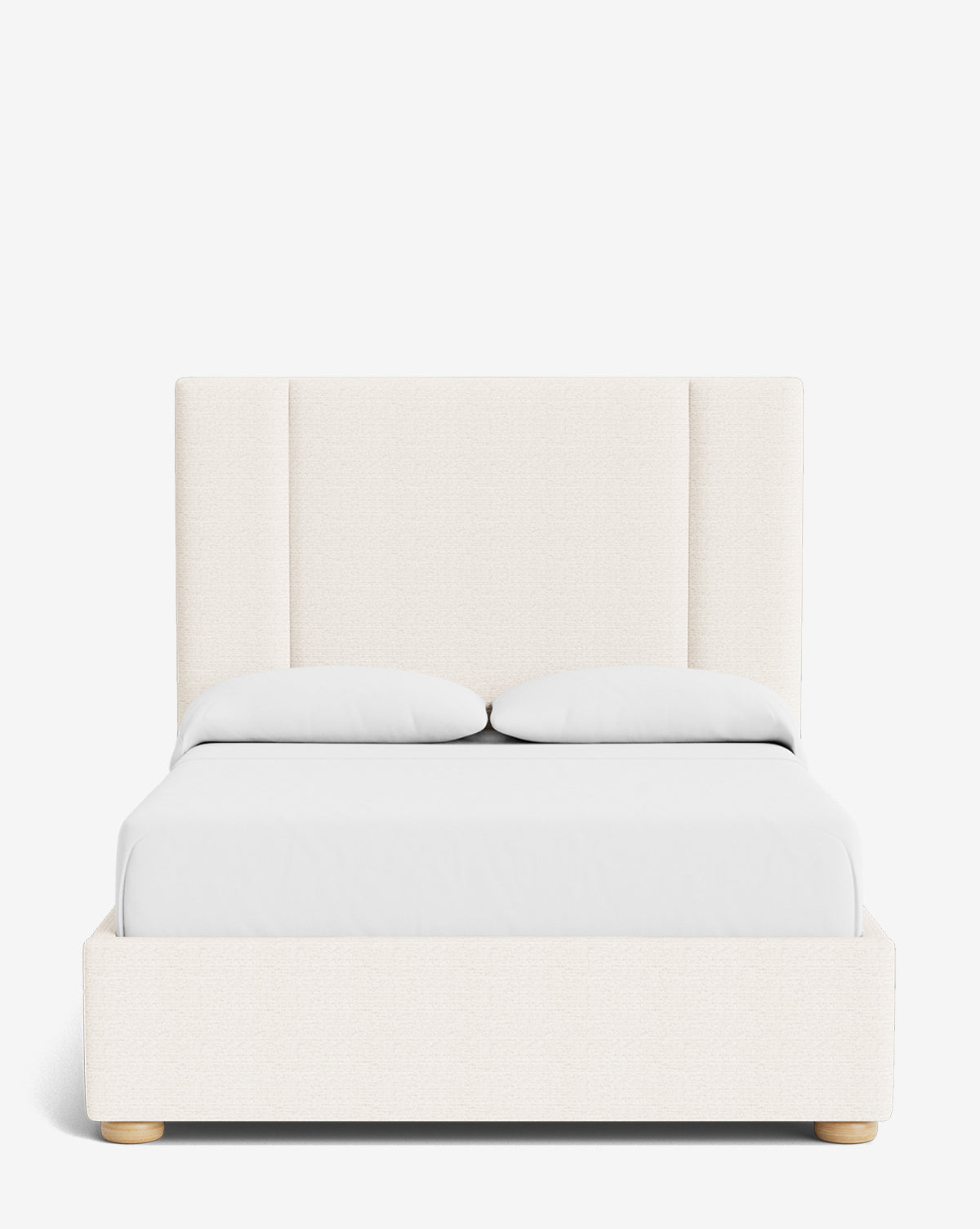 The Mina Bed features a tall, cushioned headboard and low upholstered frame, shown with white bedding and pillows against a plain white background, by McGee & Co.