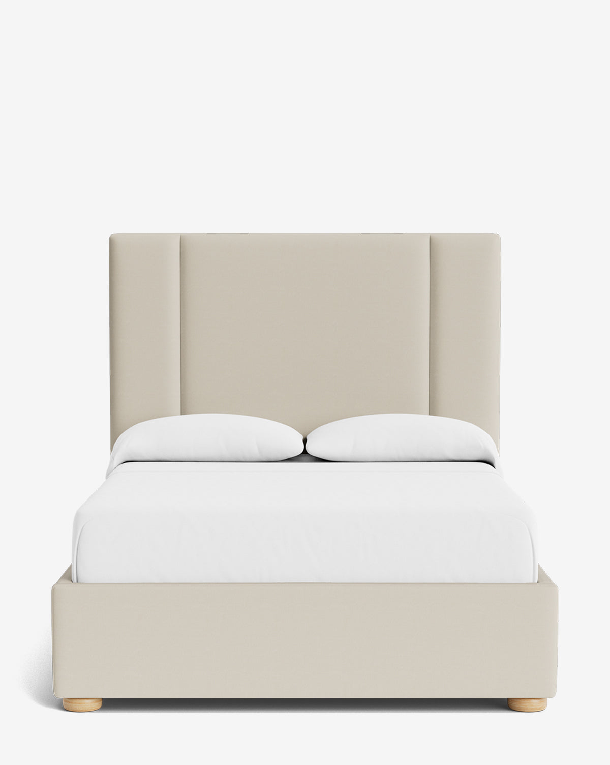 The Mina Bed is a modern beige upholstered bed frame with a tall, paneled headboard, shown from the front with white bedding and two pillows against a plain white background, by McGee & Co.