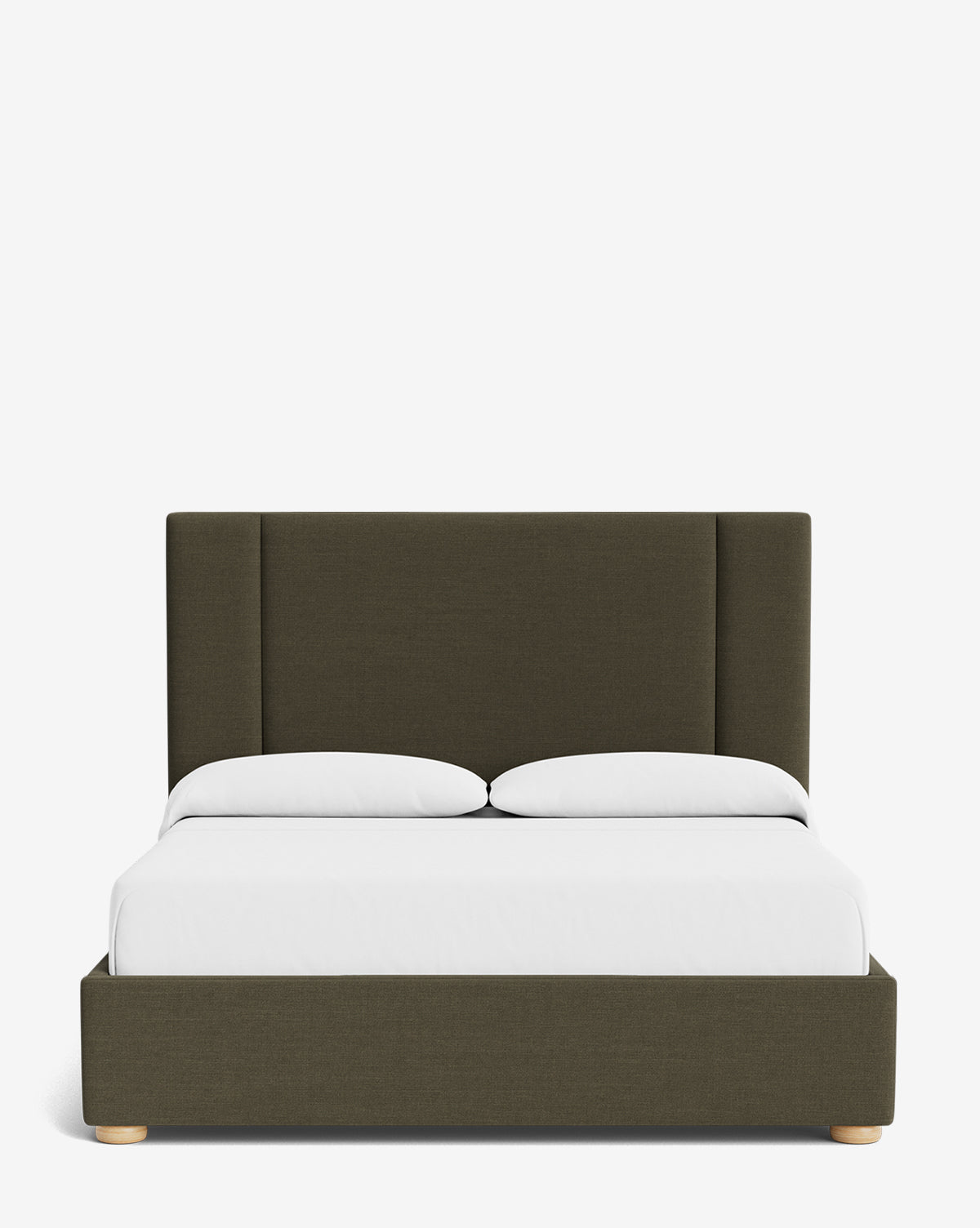 The Mina Bed has a dark green upholstered frame, a tall rectangular headboard, light wood legs, and white bedding with two pillows. It is shown from the front against a plain white background, by McGee & Co.