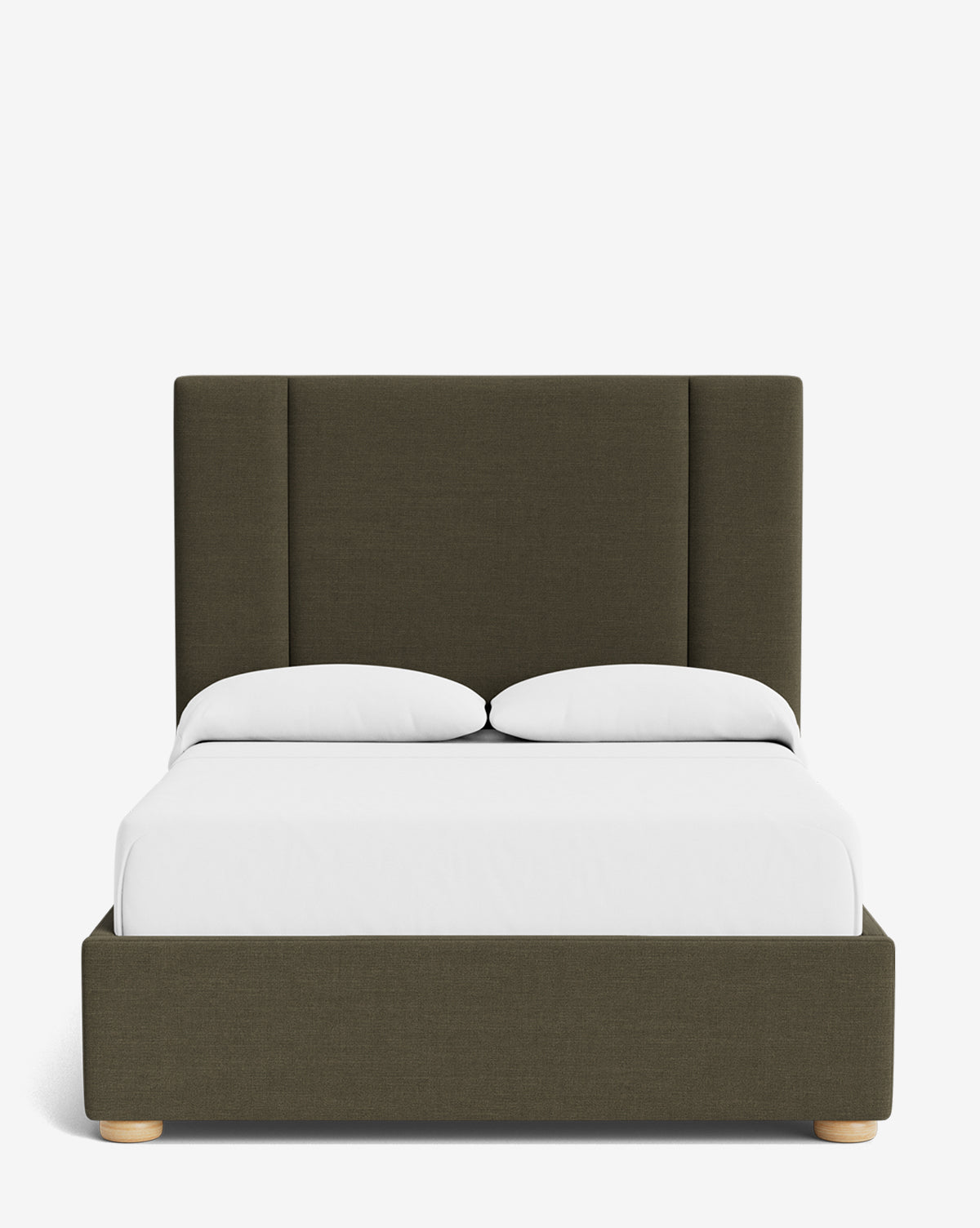 The Mina Bed features an olive green upholstered frame made from premium fabric, complemented by white bedding, two pillows, and light wood legs, all presented against a simple white background, by McGee & Co.