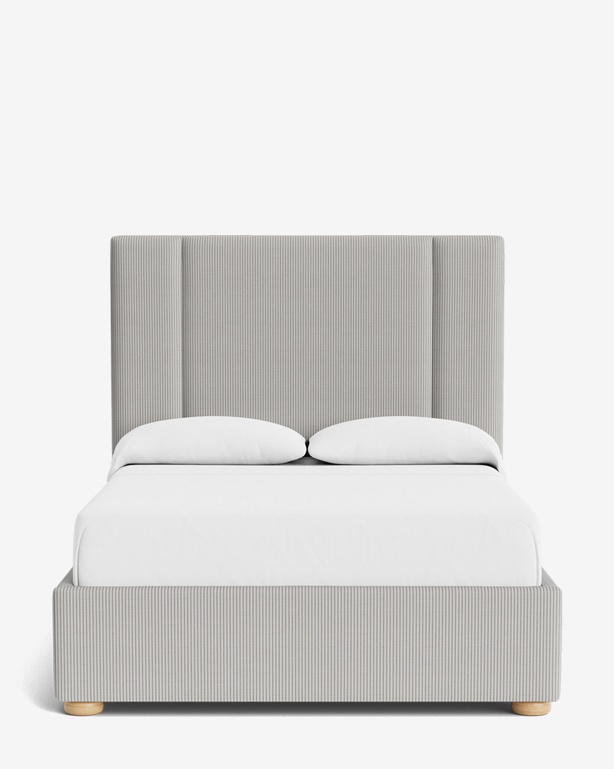 The Mina Bed features a tall, light gray upholstered frame in high-quality fabric and stands on small, round wooden legs. Made with white sheets and pillows for a neat look, it adds a modern touch to any bedroom by McGee & Co.