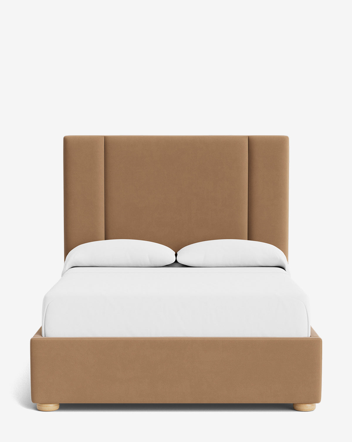 The Mina Bed features a tall, tan upholstered frame crafted from premium fabric, paired with white bedding and two white pillows, shown from the front on a plain white background by McGee & Co.