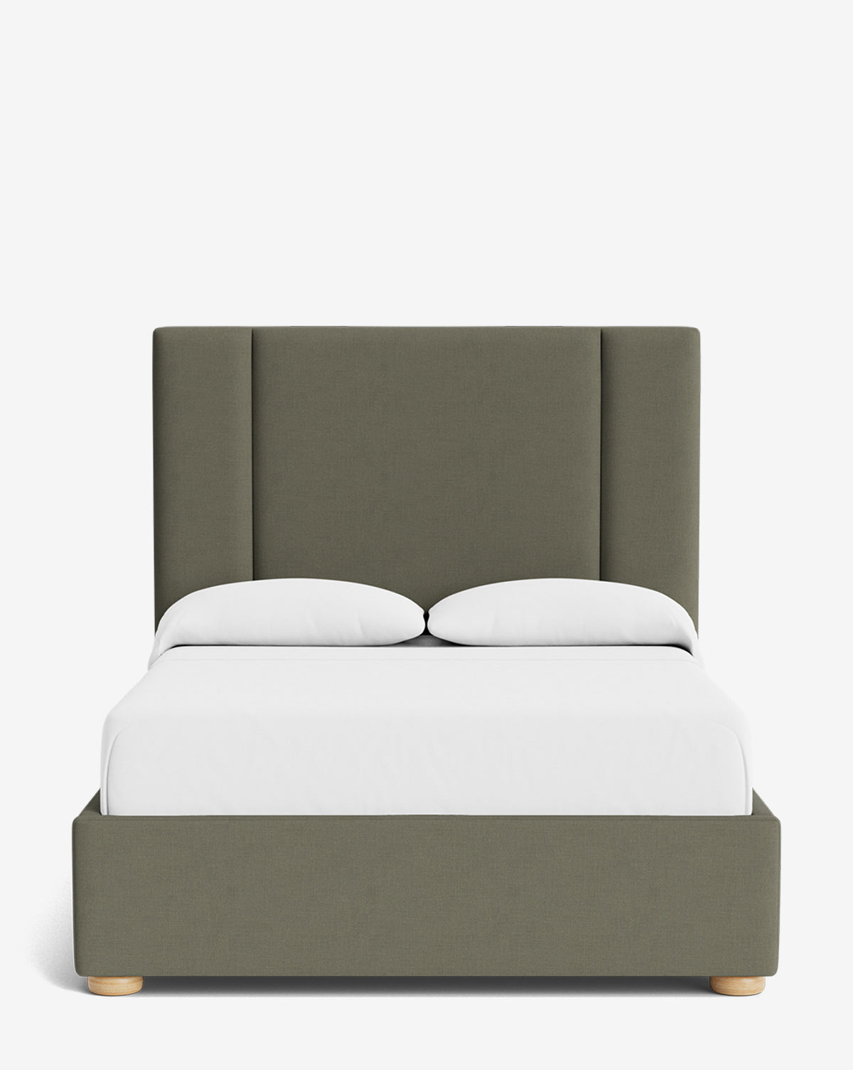 Front view of the Mina Bed, showcasing its tall olive green upholstered frame, light wooden legs, and neatly arranged white bedding with two pillows—crafted from high-end fabrics for a luxurious touch, by McGee & Co.