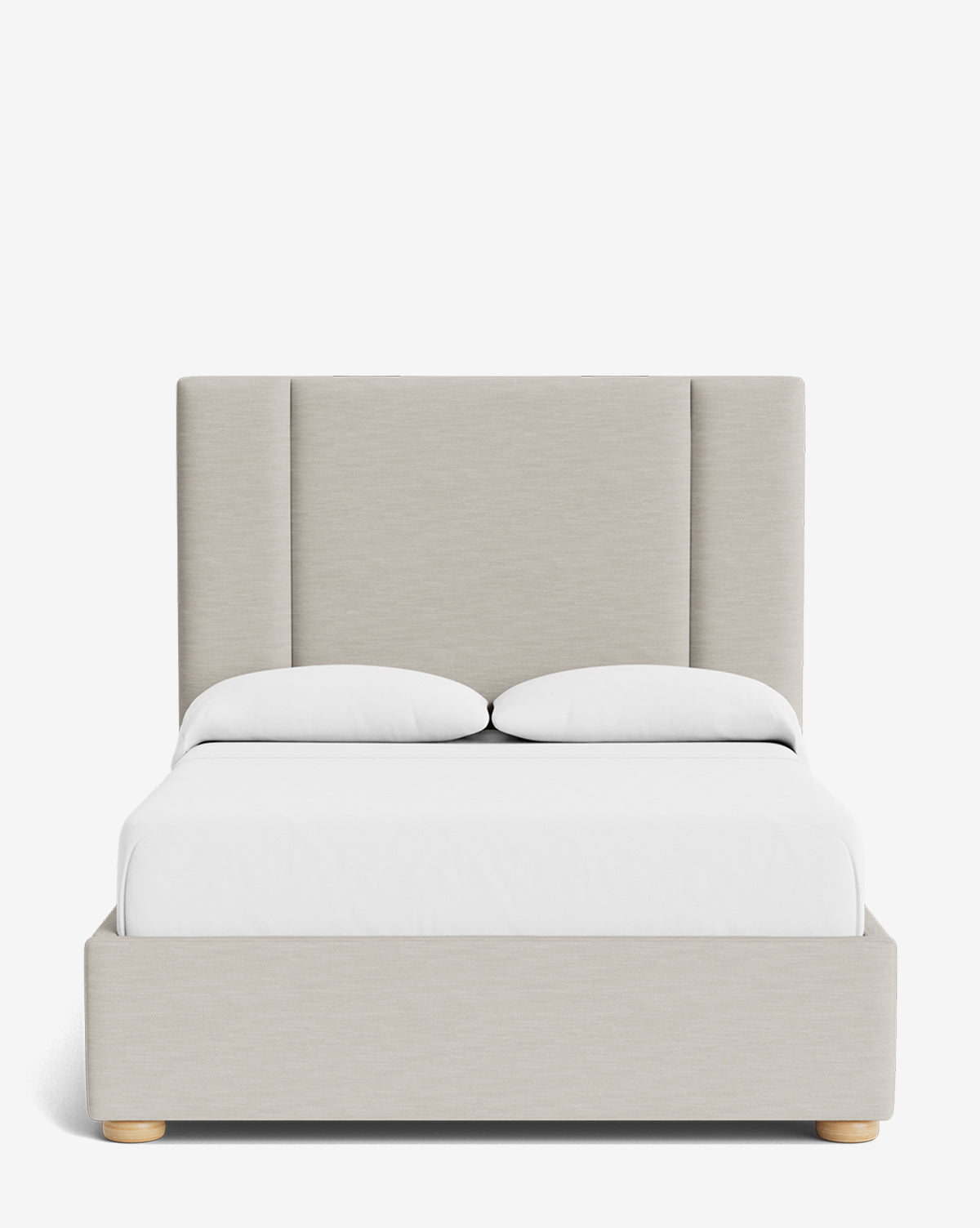 The Mina Bed showcases a modern beige upholstered frame with premium fabric and a tall panel headboard, set against a plain white background with crisp white bedding, by McGee & Co.