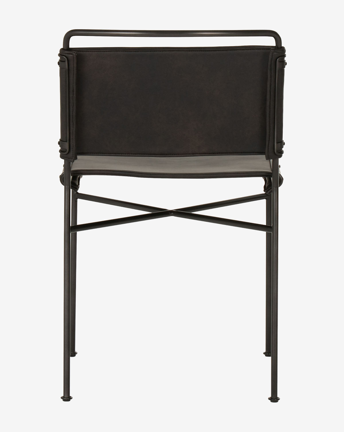The Moore Dining Chair features a modern industrial look with a black metal frame, rectangular backrest, and slim legs in a minimalist design, shown from the back against a white background, by McGee & Co.
