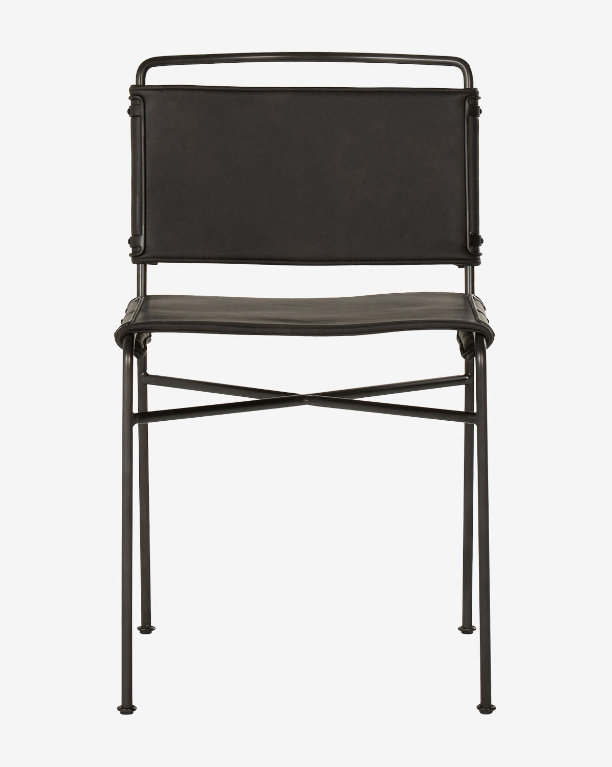 The Moore Dining Chair features a modern industrial style with a rectangular backrest and seat, smooth minimalist design, and slim legs, by McGee & Co. Its displayed facing forward against a plain white background.