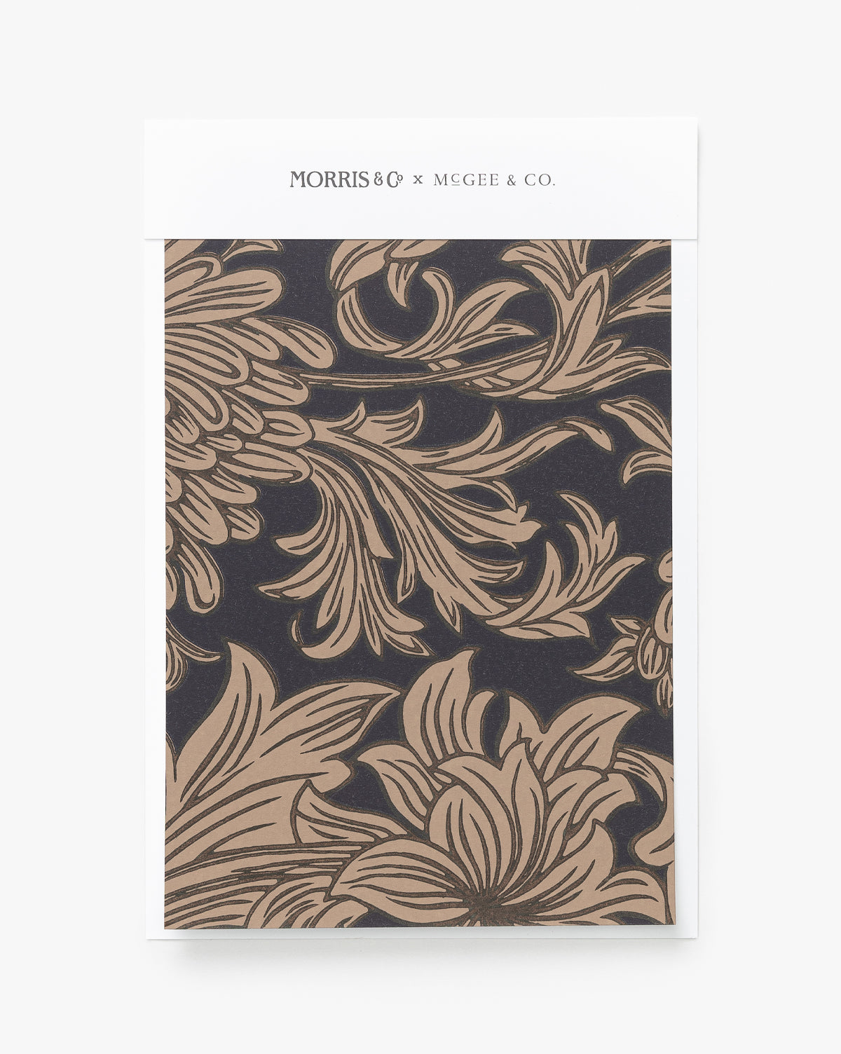 A decorative wallpaper swatch features the Morris & Co. x McGee & Co. Chrysanthemum motif in beige on black, with branding on a white header. Brand: Sanderson Design Group, Inc. McGee & Co.