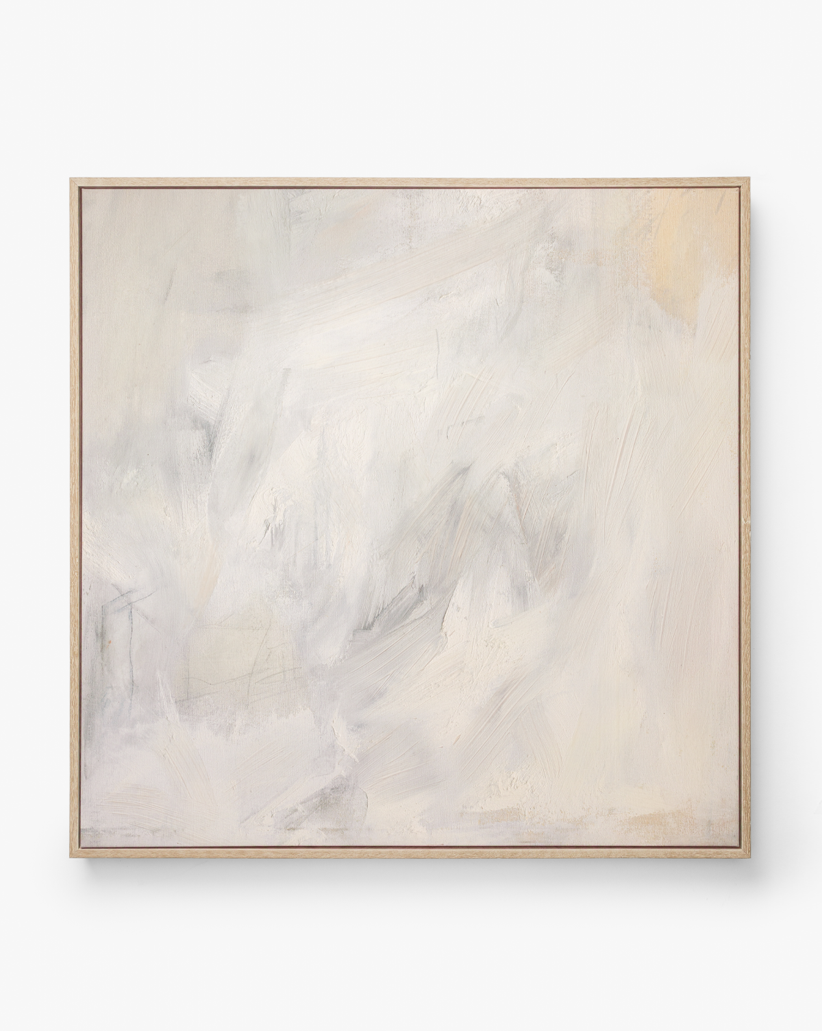 Moving Fog by Judy Cox" is a framed abstract wall art piece with soft white, cream, and light gray hues and subtle textures, offering a calm, minimalist look—ideal for tranquil home decor, by McGee & Co.