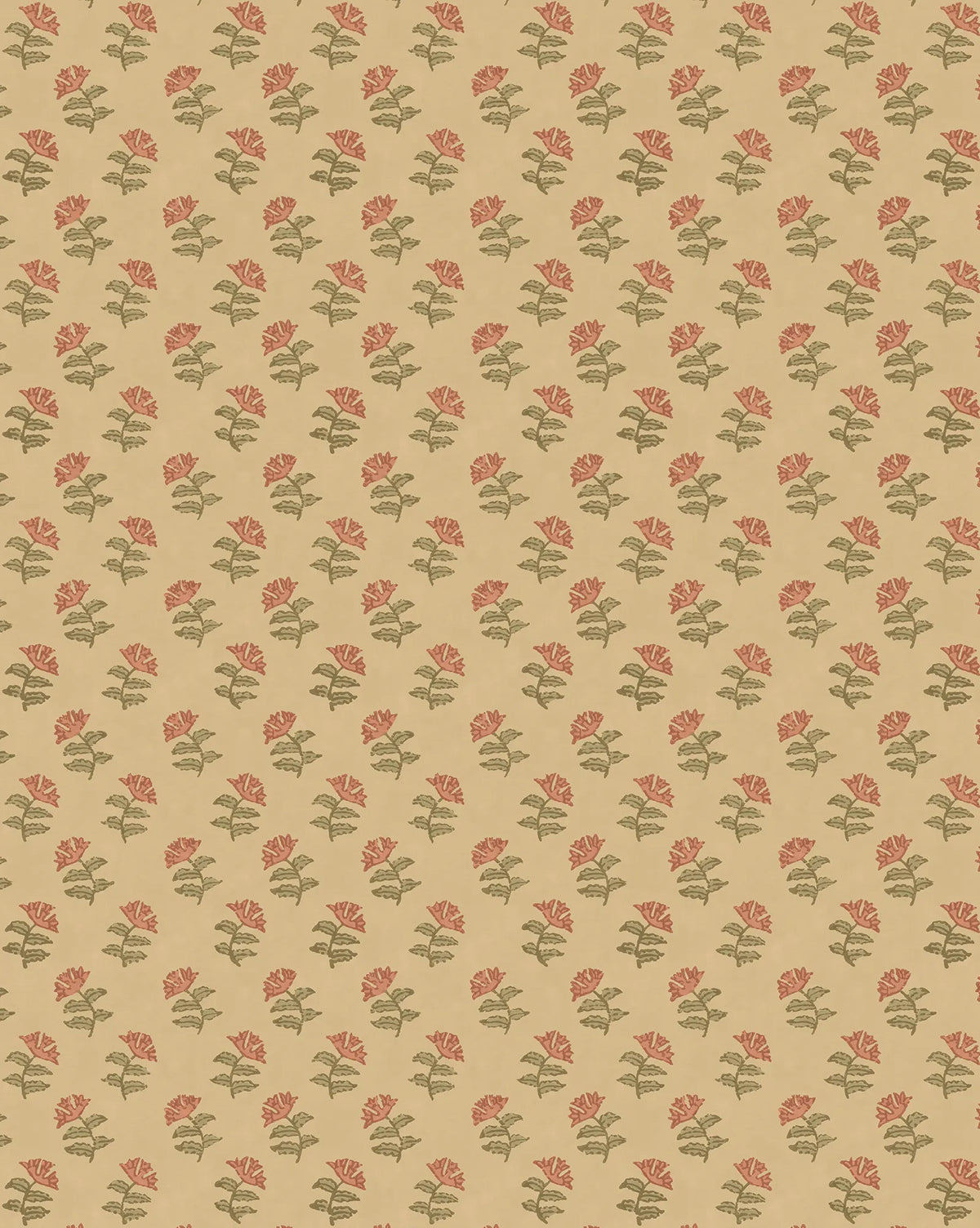 The Mulberry Wallpaper by Lee Jofa features a vintage-inspired design with small red flowers and green leaves on a light beige background, in a warm palette reminiscent of classic mulberry wallpapers. McGee & Co.