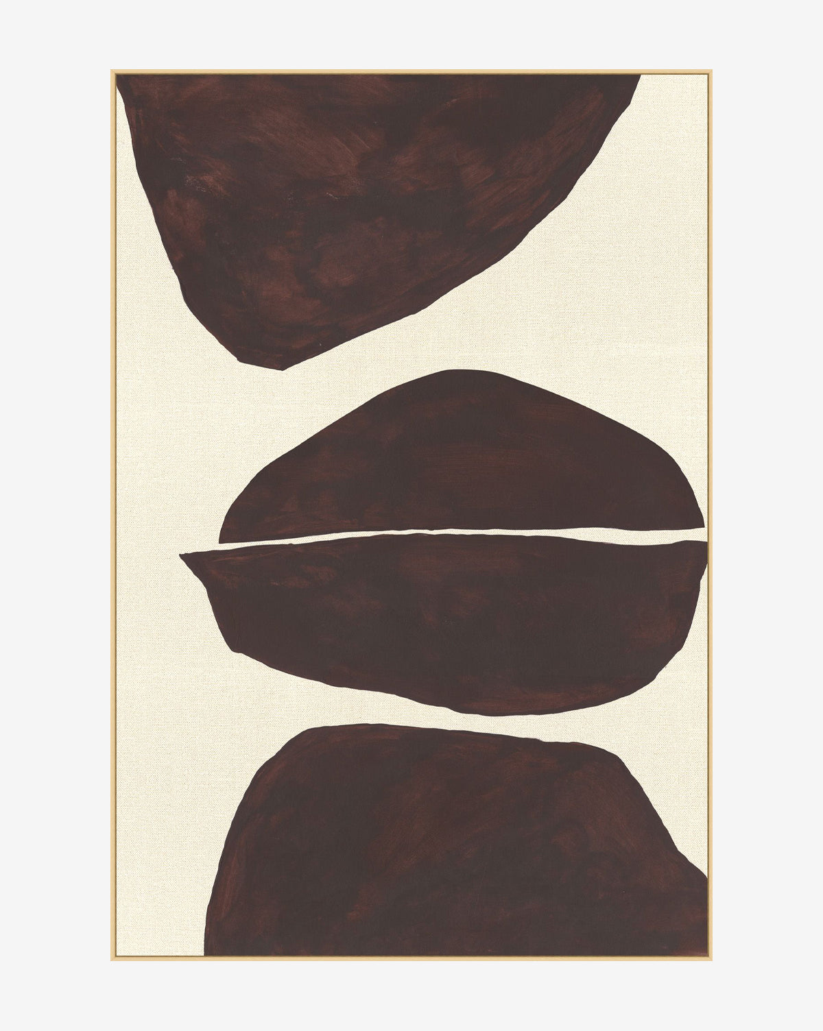 Natural Shapes 1: A minimalist giclee print featuring three large, irregular dark brown shapes stacked vertically on a light beige background, presented in a thin natural wood floater frame, by McGee & Co.