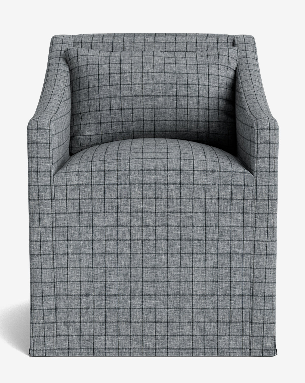 The Olivier Slipcover Dining Arm Chair, shown from the front against a white background, features gray plaid fabric with thin black grid lines, a boxy shape, wide arms, and a matching feather-and-down cushion backrest by McGee & Co.