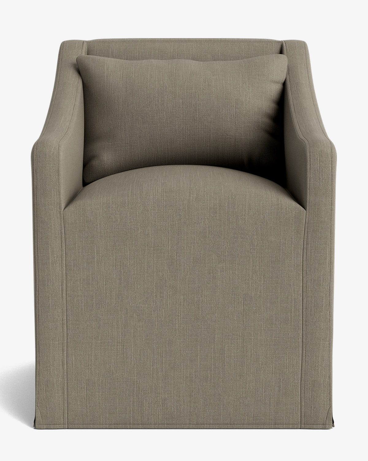 The Olivier Slipcover Dining Arm Chair features a boxy silhouette, straight lines, and taupe fabric upholstery with a feather and down cushion, shown against a plain white background by McGee & Co.