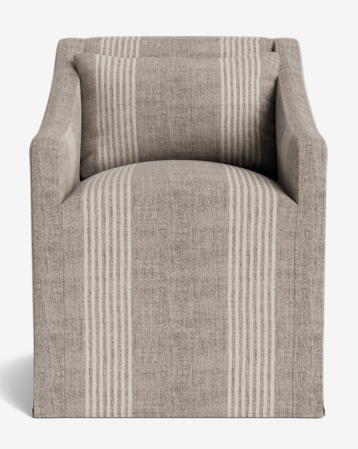 The Olivier Slipcover Dining Arm Chair features a modern, boxy design with textured beige fabric, vertical off-white stripes, and a matching feather-and-down cushion, shown front-facing against a white background by McGee & Co.