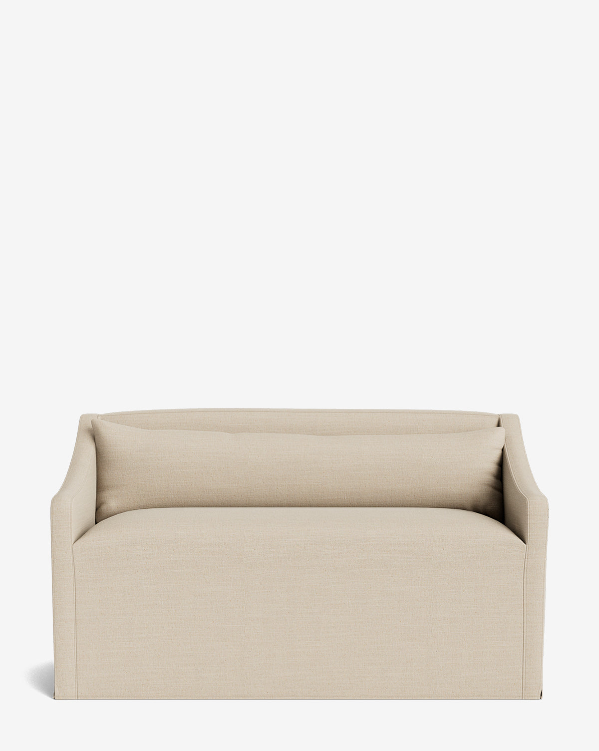 The Olivier Slipcover Dining Bench features modern beige upholstery, a straight back, low arms, and plush feather and down cushioning for comfort, shown against a plain white background by McGee & Co.
