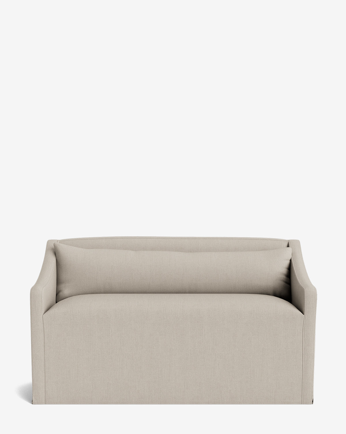 The Olivier Slipcover Dining Bench features a modern, minimalist beige design with a low back and angled armrests, plus a single feather-and-down cushion for sink-in comfort, shown on a plain white background by McGee & Co.