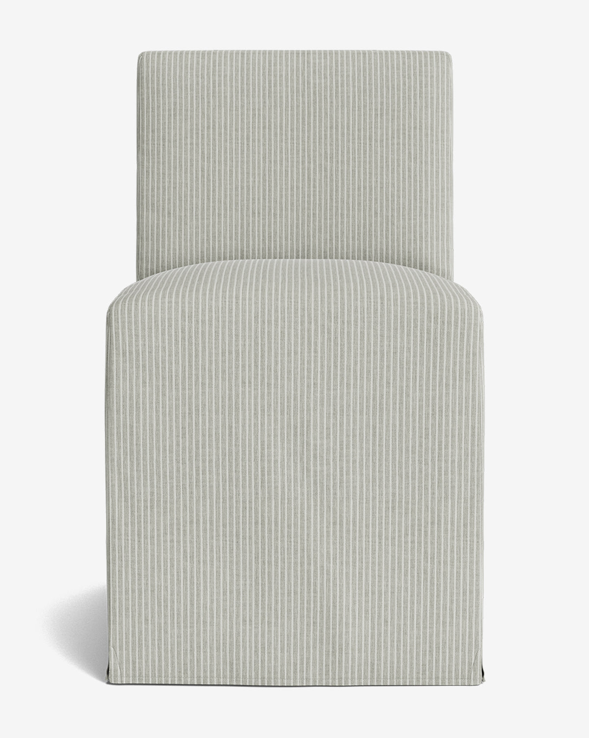 The Olivier Slipcover Dining Chair is a modern, armless accent chair with a tall backrest and boxy design, upholstered in light gray fabric with thin vertical white stripes. It is photographed against a white background, by McGee & Co.