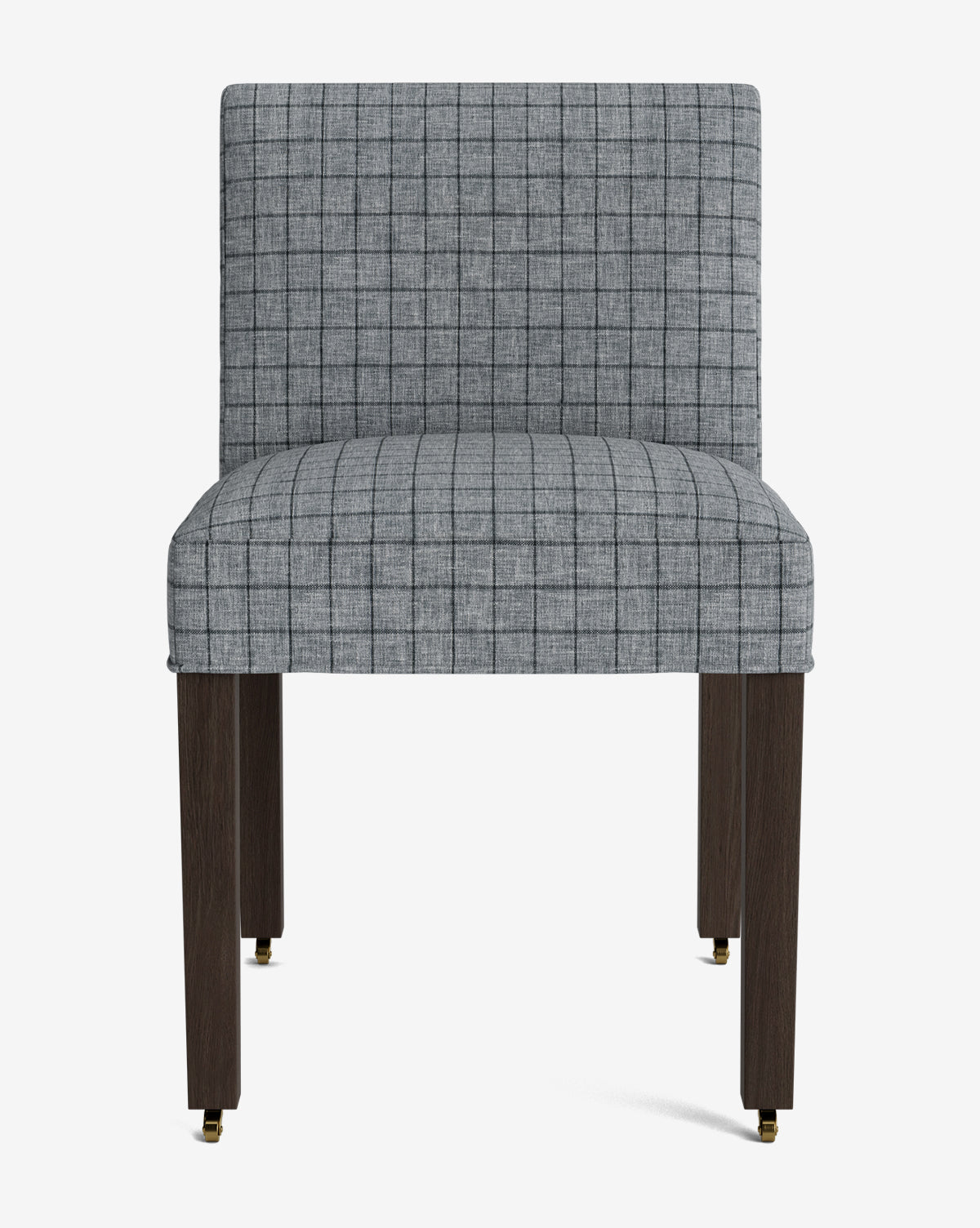 Front view of the Olivier Upholstered Dining Chair with a gray checkered high-quality fabric seat and backrest, dark wooden legs, and small gold casters, displayed against a plain white background, by McGee & Co.