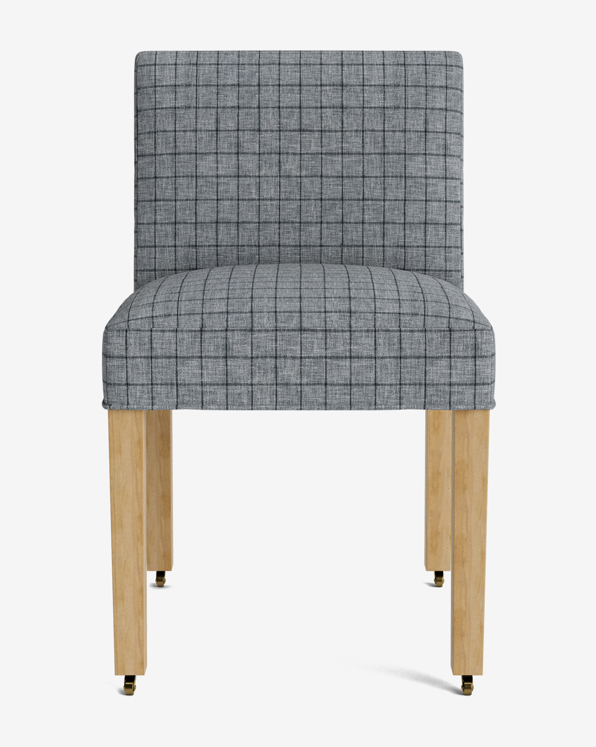 The Olivier Upholstered Dining Chair features light wooden legs and grey, high-quality fabric with a black checkered pattern, shown from the front against a plain white background, by McGee & Co.