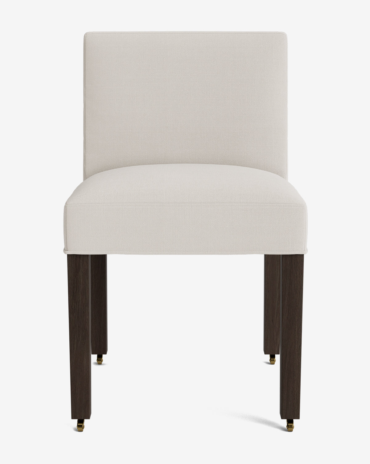 The Olivier Upholstered Dining Chair features a modern design with a white fabric seat and backrest, four straight wooden legs in a dark finish, and small casters at the bottom for easy movement, by McGee & Co.