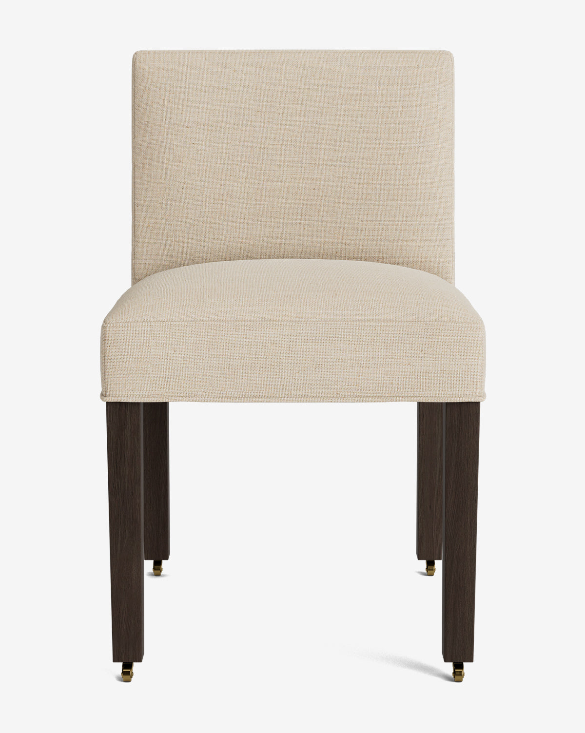 The Olivier Upholstered Dining Chair, shown from the front against a white background, features high-quality beige fabric, a rectangular backrest, and dark wooden legs, by McGee & Co.