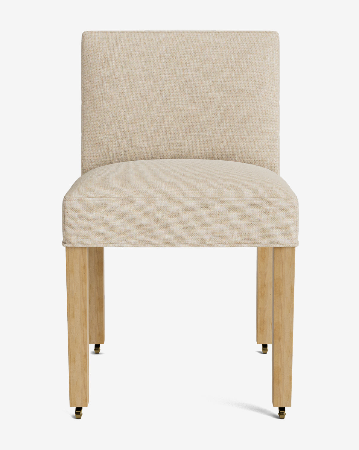 The Olivier Upholstered Dining Chair, shown against a plain white background, features high-quality beige fabric, a straight backrest and seat, and light wooden legs with small caster wheels by McGee & Co.