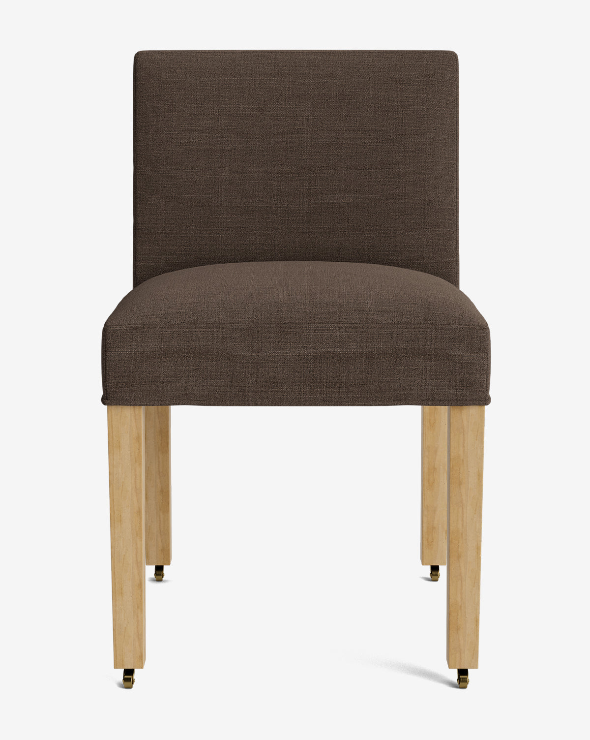 The Olivier Upholstered Dining Chair features a brown high-quality fabric seat and backrest, four light wood legs with small casters, and is shown against a plain white background by McGee & Co.