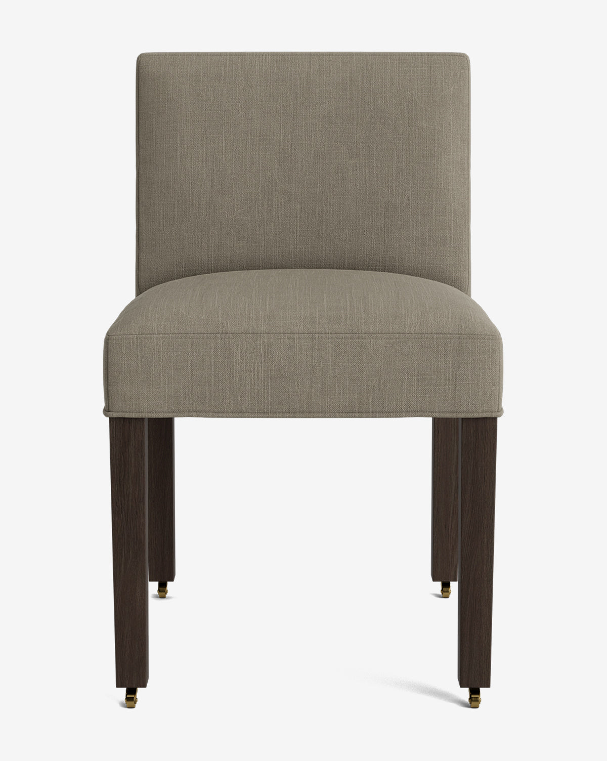 A front view of the Olivier Upholstered Dining Chair, featuring a gray feather and down blend seat and backrest, dark wooden legs with brass wheels, set against a white background, by McGee & Co.
