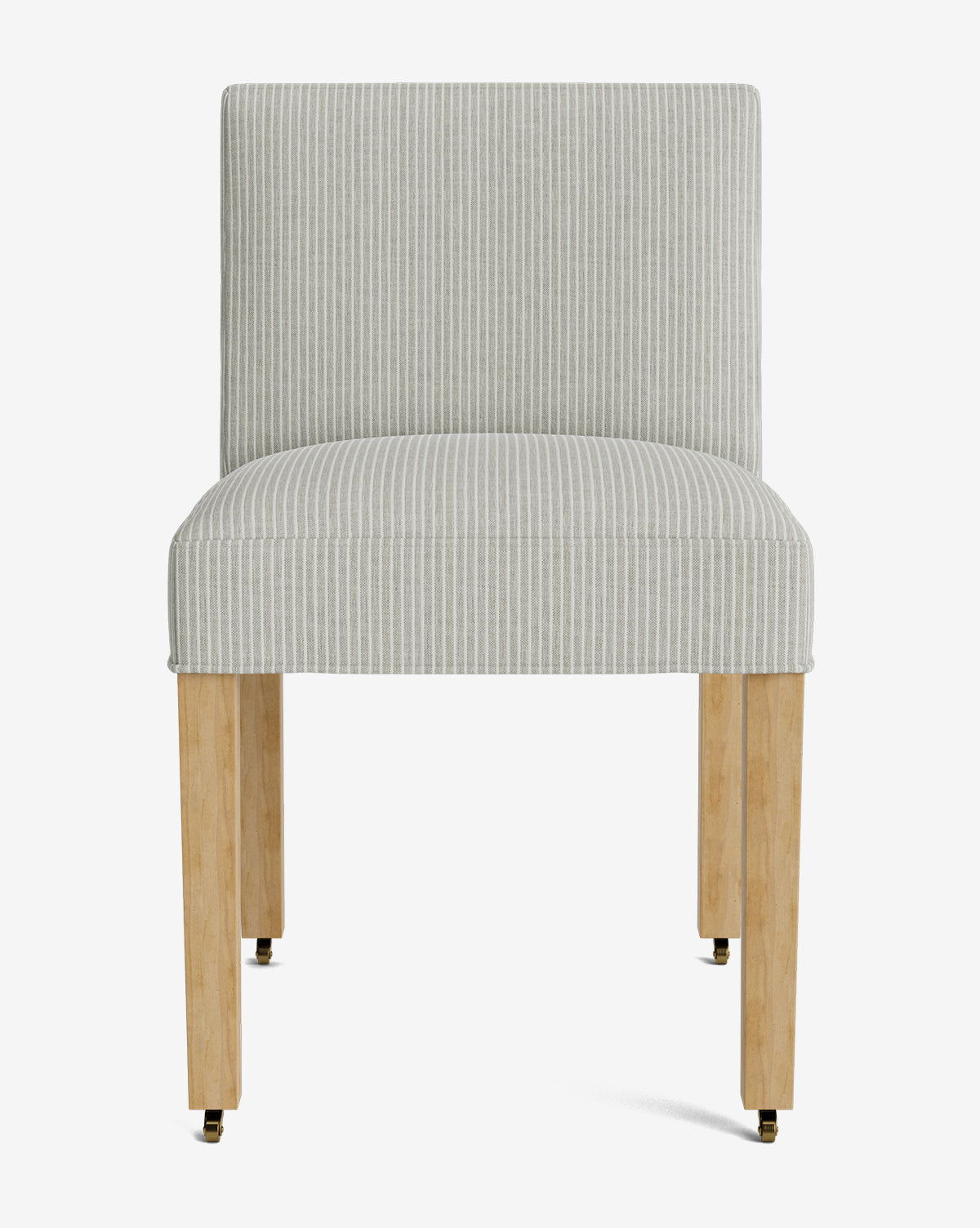 Front view of the Olivier Upholstered Dining Chair with light wood legs, armless design, light gray fabric featuring thin white vertical stripes, and caster wheels for easy movement, by McGee & Co.