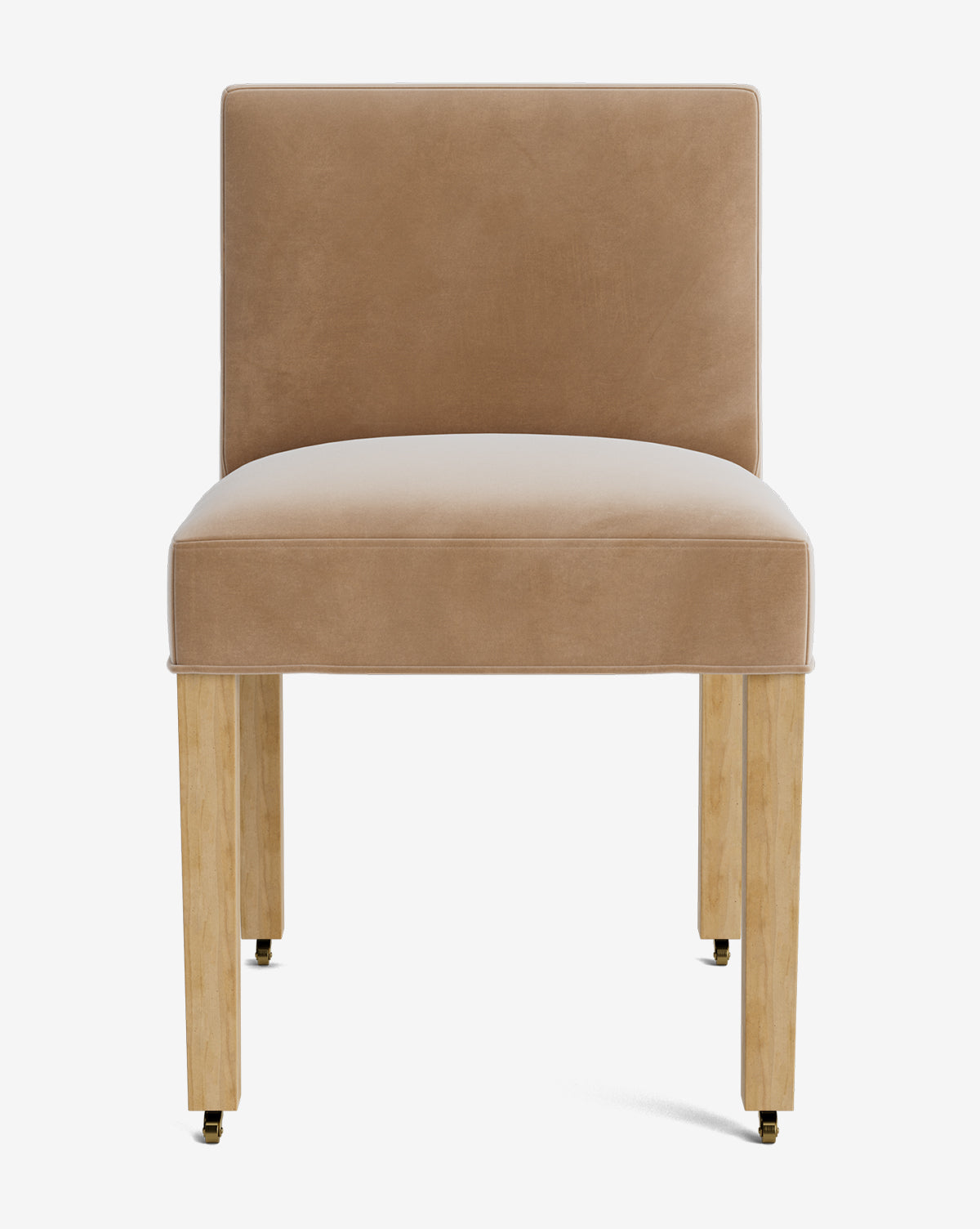 Front view of the Olivier Upholstered Dining Chair featuring a modern armless design, light brown high-quality fabric seat and backrest, and four light wooden legs with small caster wheels at the base, by McGee & Co.