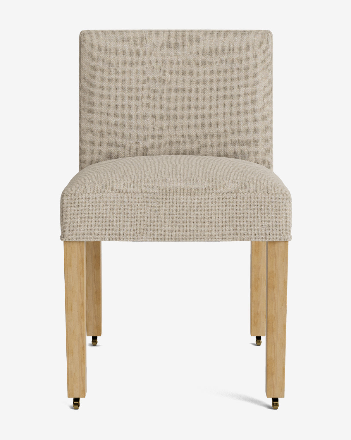 The Olivier Upholstered Dining Chair features high-quality beige fabric, an armless design, rectangular backrest, and light wooden legs, shown against a plain white background by McGee & Co.
