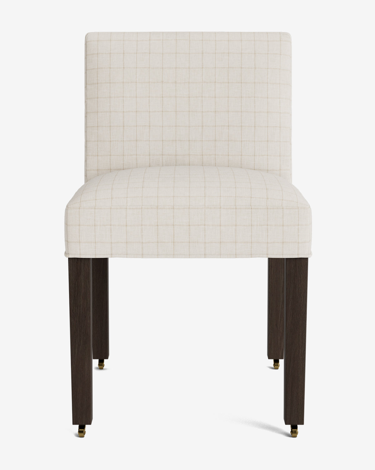 Front view of the Olivier Upholstered Dining Chair in light beige high-quality fabric with a subtle grid pattern, dark wooden legs, and small brass casters on the front legs, by McGee & Co.