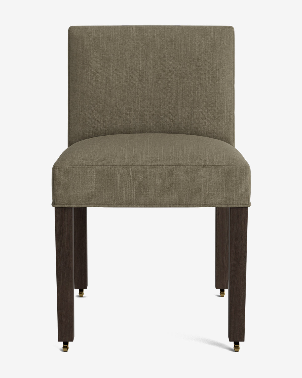 The Olivier Upholstered Dining Chair features an olive green cushioned seat and backrest in premium fabric, supported by four dark wooden legs with brass casters—all shown from the front against a plain white background, by McGee & Co.