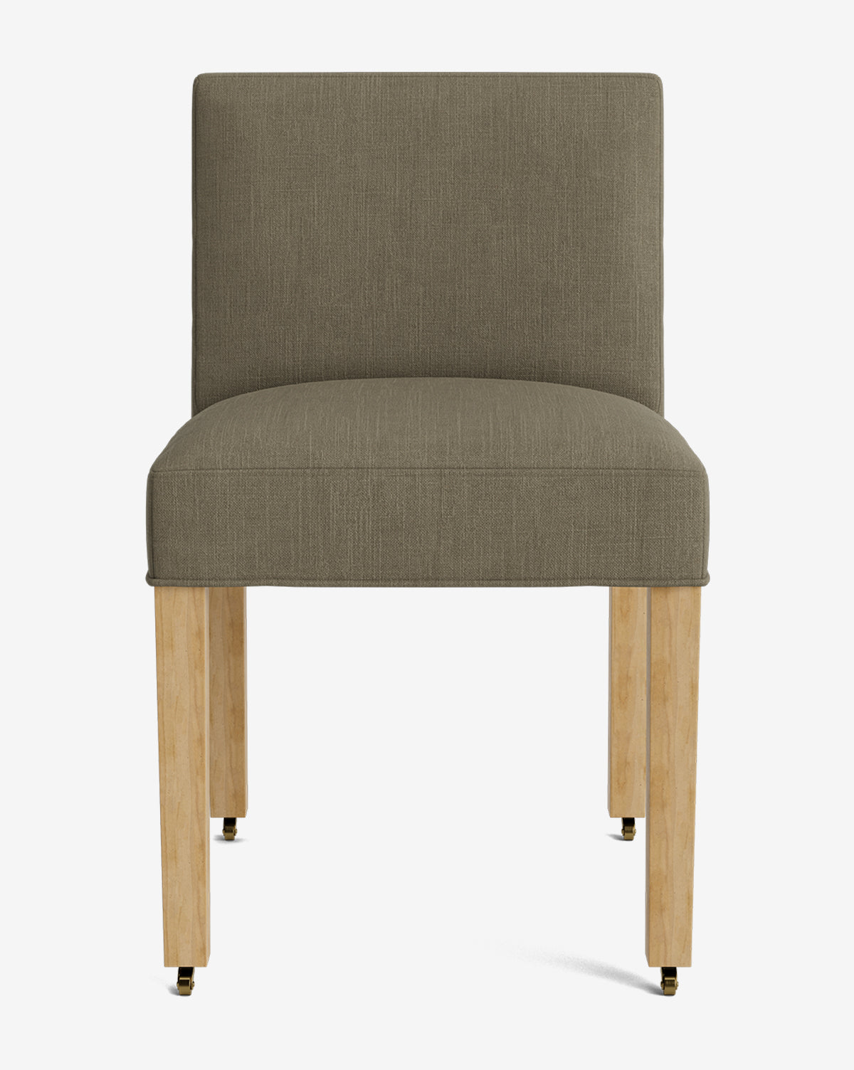 The Olivier Upholstered Dining Chair features a textured olive-green high-quality fabric seat and back, set on four light wood legs with metal casters on the front two for easy movement, by McGee & Co.