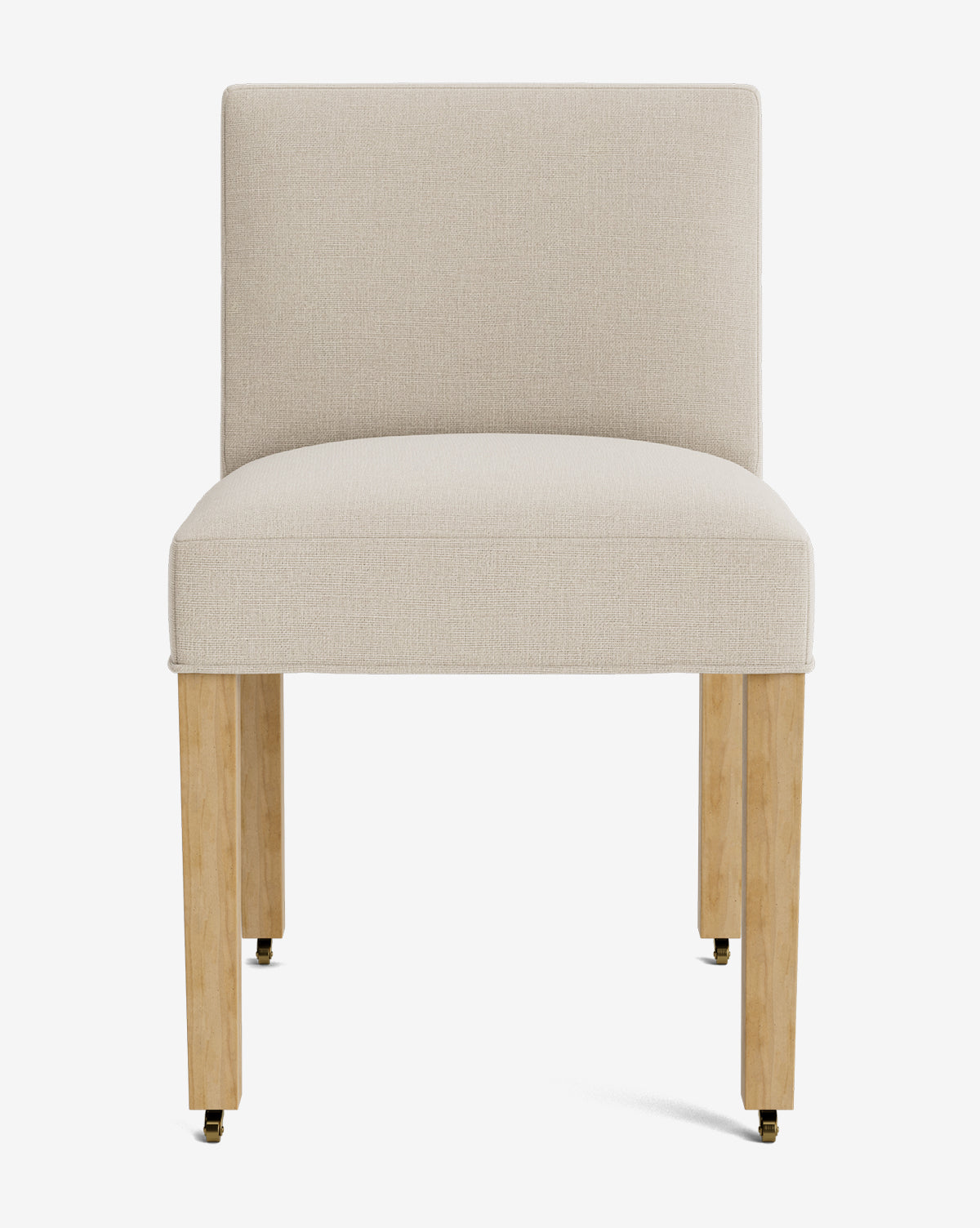 The Olivier Upholstered Dining Chair features a beige fabric seat, straight backrest, and light wooden legs, elegantly displayed against a white background by McGee & Co.