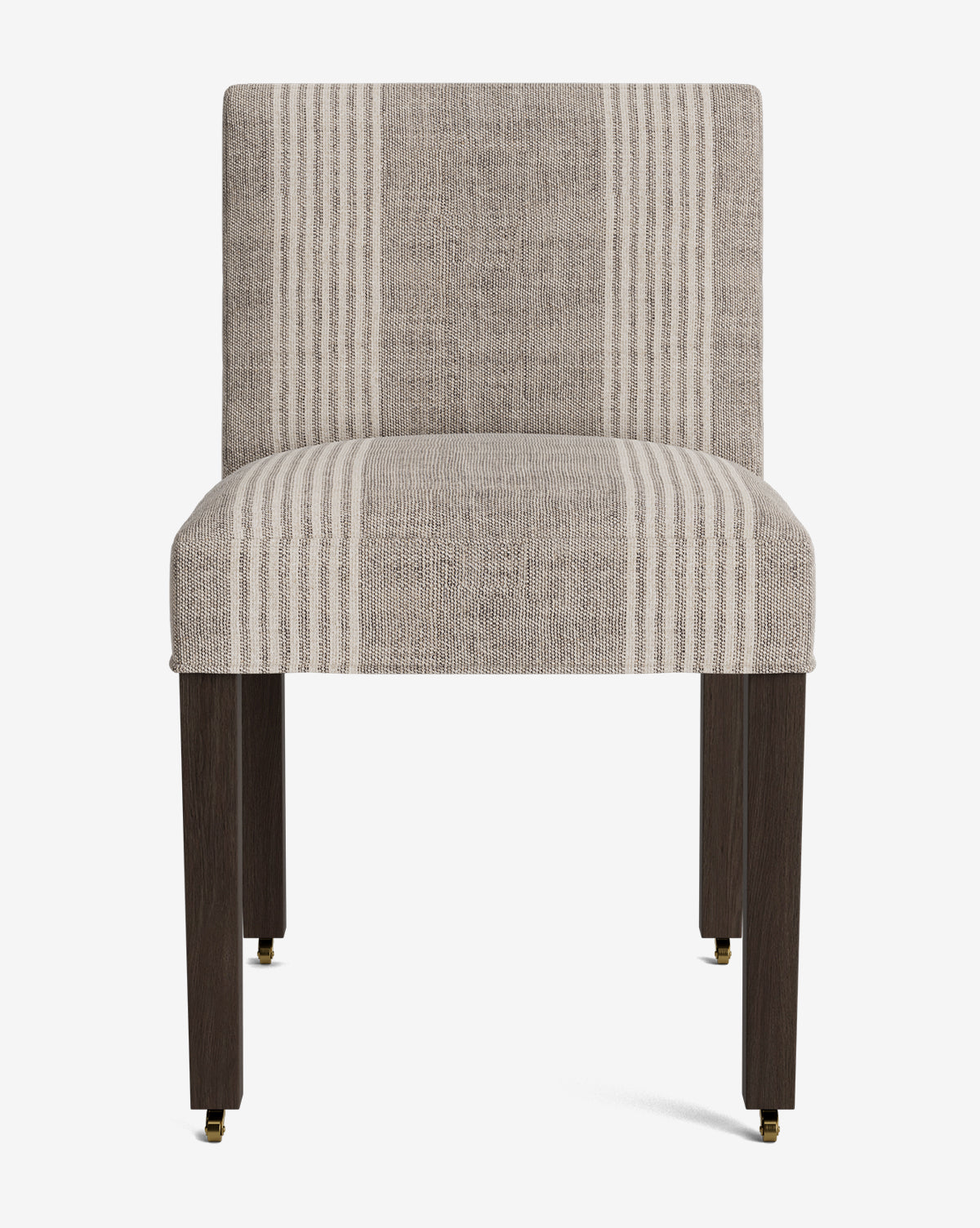 The Olivier Upholstered Dining Chair features a square back, cushioned feather-and-down seat, light beige and cream vertical stripes, and dark wooden legs with brass casters on the front legs, by McGee & Co.