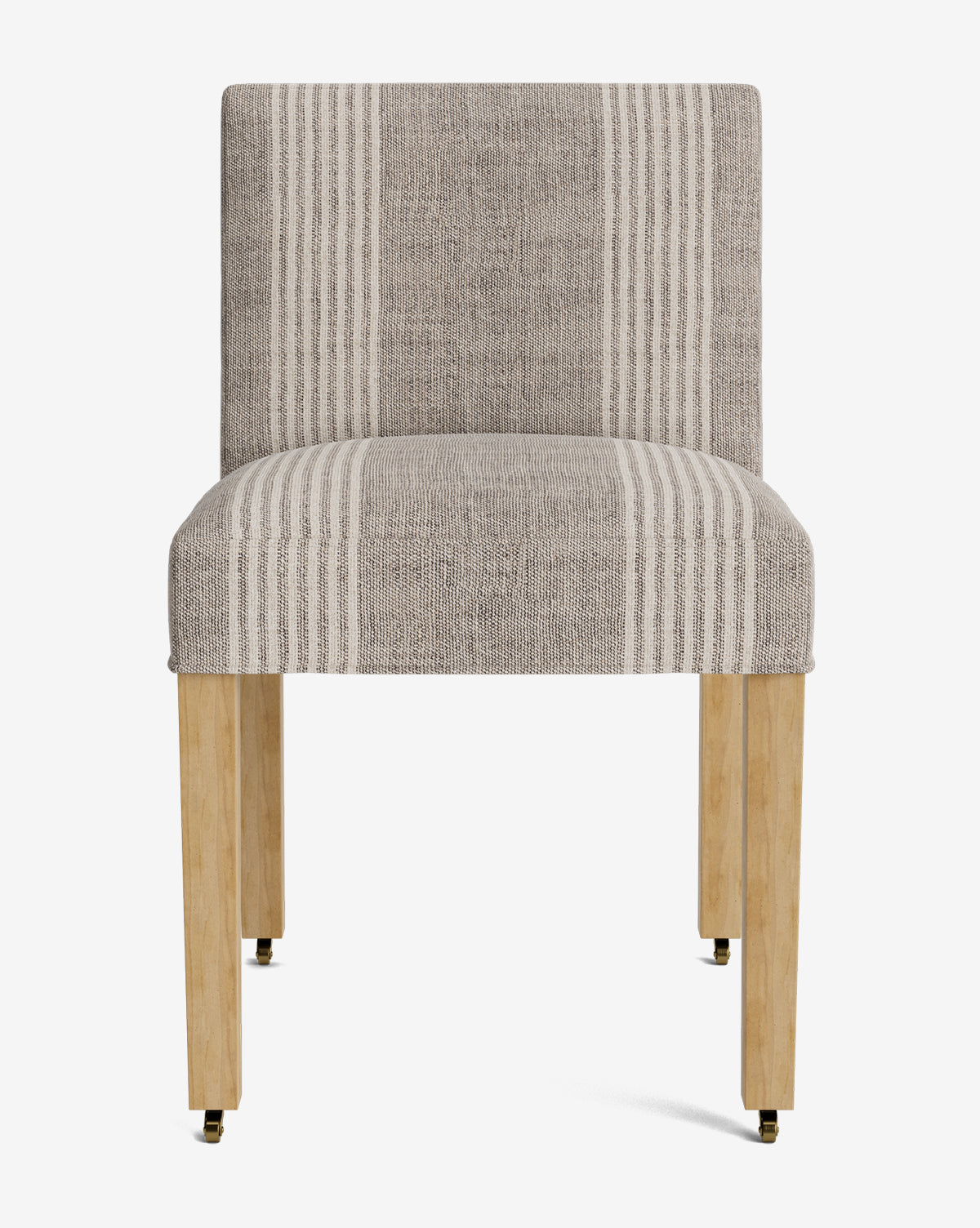 Front view of the Olivier Upholstered Dining Chair featuring light beige and cream vertical stripes, wooden legs with gold-colored castors, and crafted from high-quality fabric for lasting style and comfort, by McGee & Co.