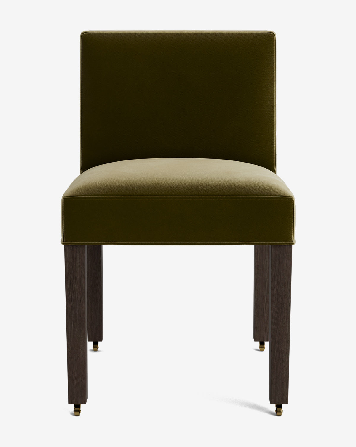 The Olivier Upholstered Dining Chair features an armless olive green seat with a rectangular backrest, dark wooden legs, and gold casters, all crafted from high-quality fabric and shown against a plain white background by McGee & Co.