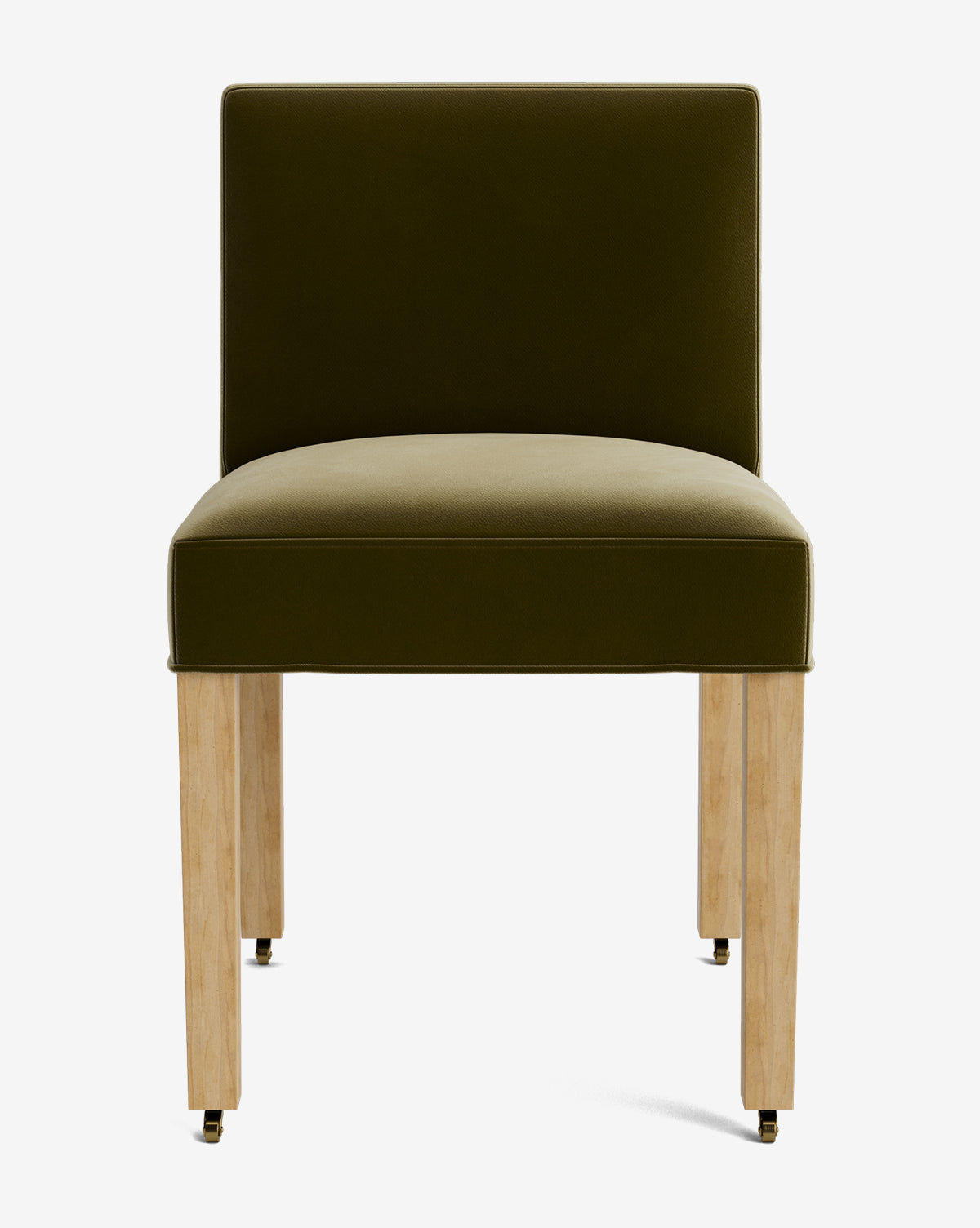 Front view of the Olivier Upholstered Dining Chair showcasing an olive green high-quality fabric seat and backrest, paired with light wood legs and small brass casters, by McGee & Co.