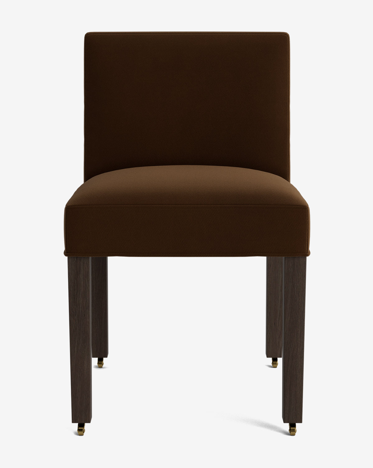 The Olivier Upholstered Dining Chair, shown from the front against a white background, features high-quality brown fabric upholstery, a straight back, and dark wooden legs by McGee & Co.